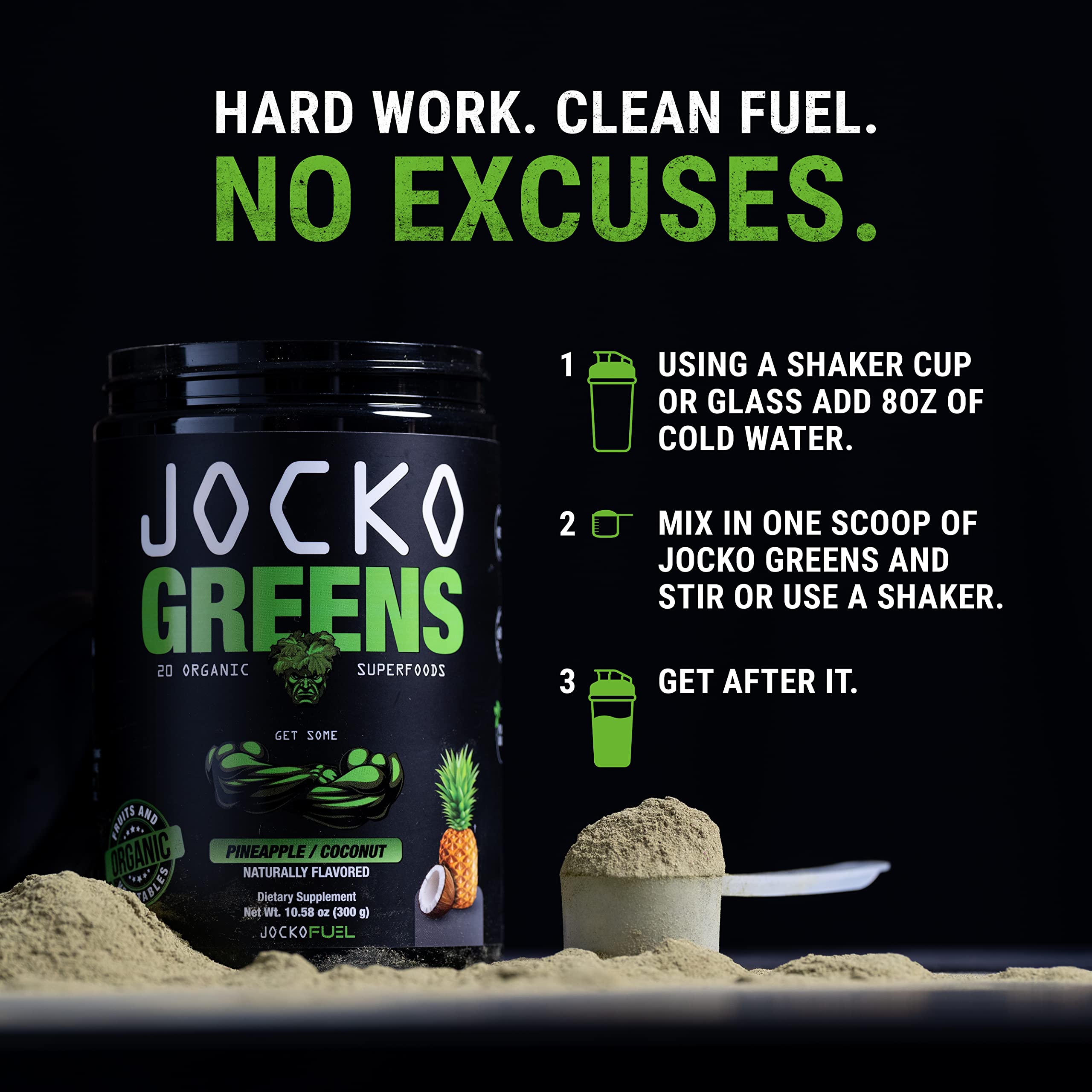 Jocko Fuel Daily Greens Powder box with serving tray for convenient gut health support