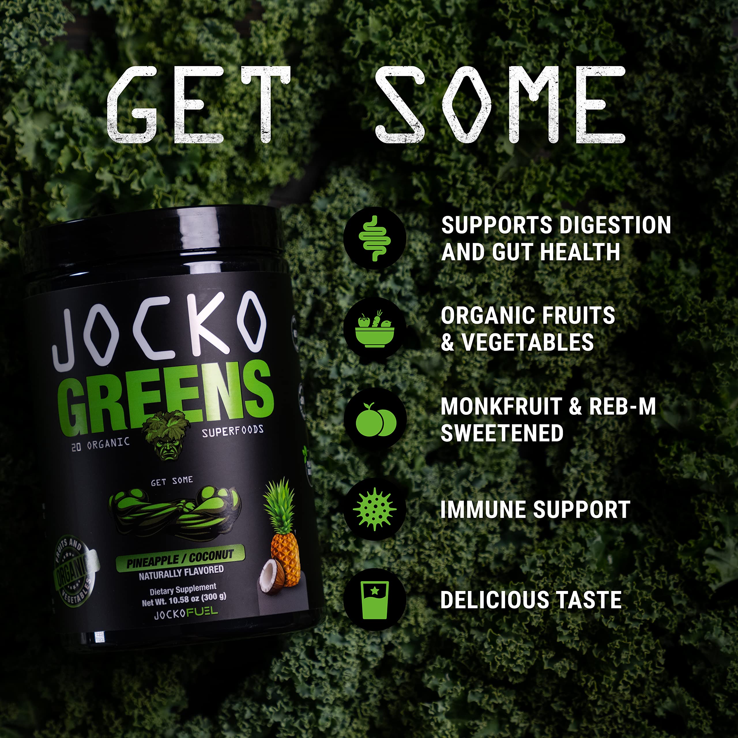 Jocko Fuel Daily Greens Powder prepared shake with vibrant greens and digestion-friendly blend