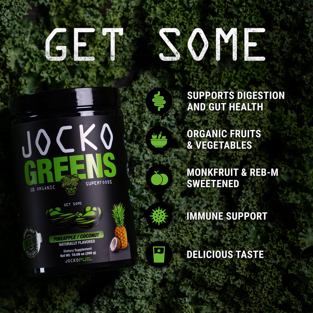 Jocko Fuel Daily Greens Powder prepared shake with vibrant greens and digestion-friendly blend