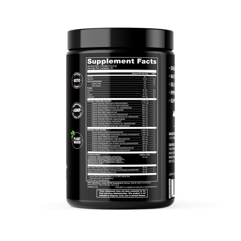Jocko Fuel Daily Greens label shows exact ingredient amounts for transparency