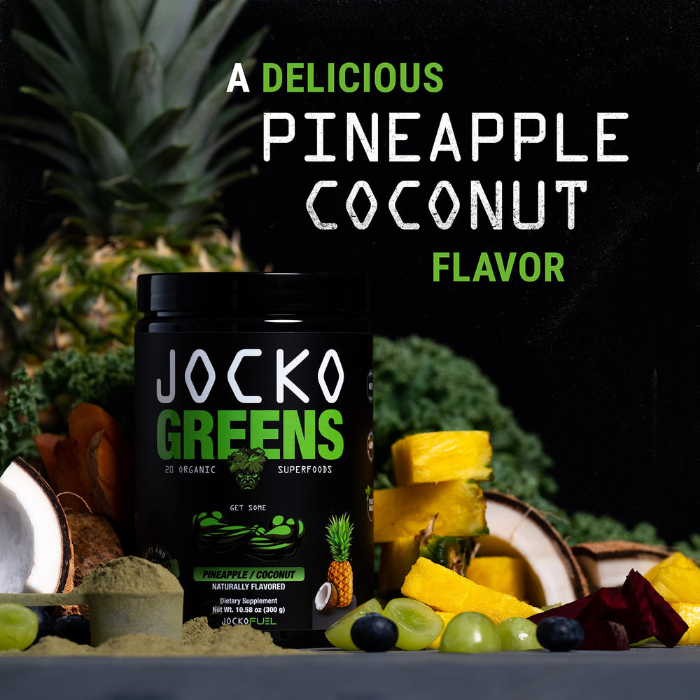Jocko Fuel Daily Greens Powder pina colada flavor hint inviting refreshing energy