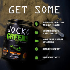 Jocko Fuel Daily Greens shake glass with peach flavor ready