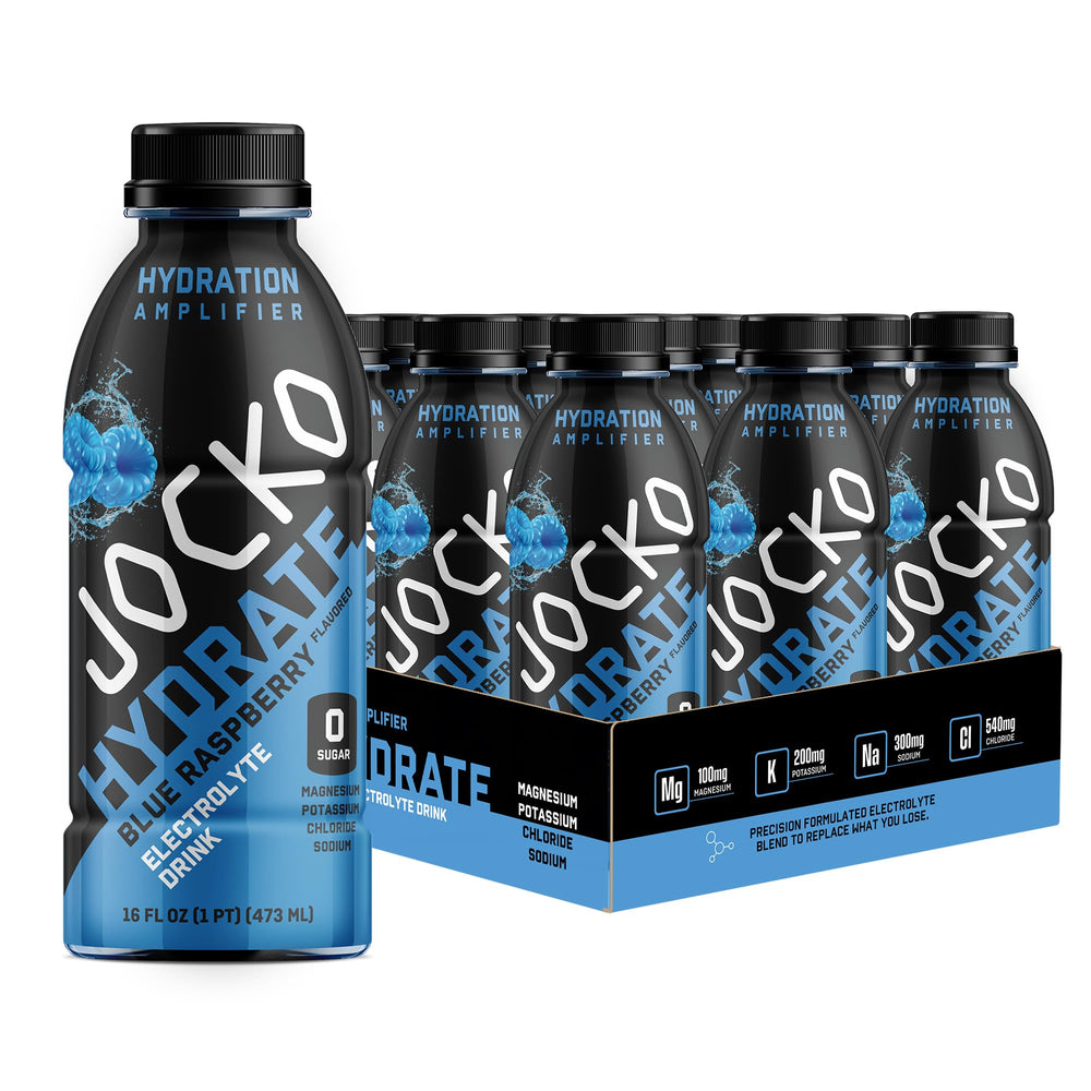 Jocko Fuel Hydrate blue raspberry bottle ready for post-workout hydration.