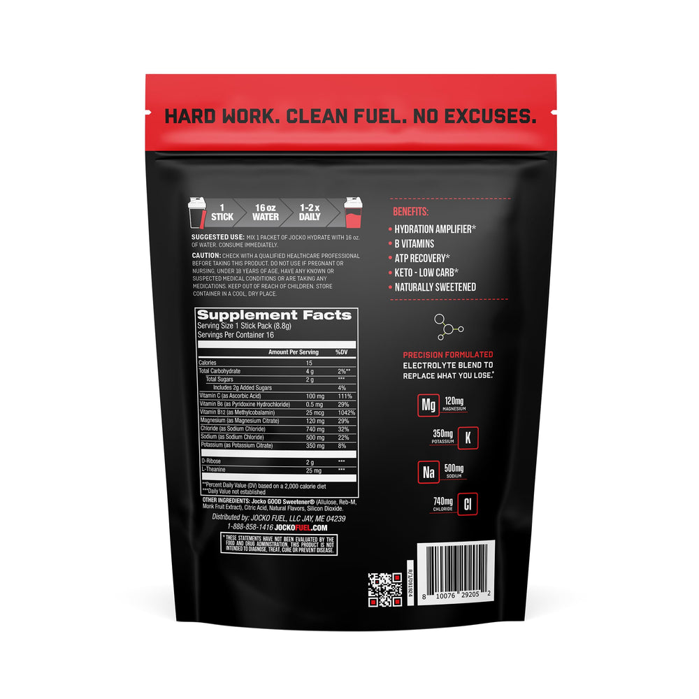Jocko Fuel Hydrate fruit punch packet back showing ingredients and vitamins.