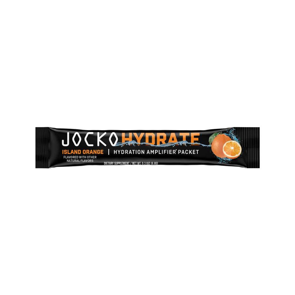 Jocko Fuel Hydrate Island Orange bottle beside a glass for daily hydration.