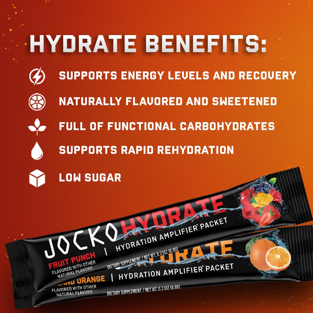 Jocko Fuel Hydrate Island Orange packaging highlights low sugar and no artificial sweeteners.