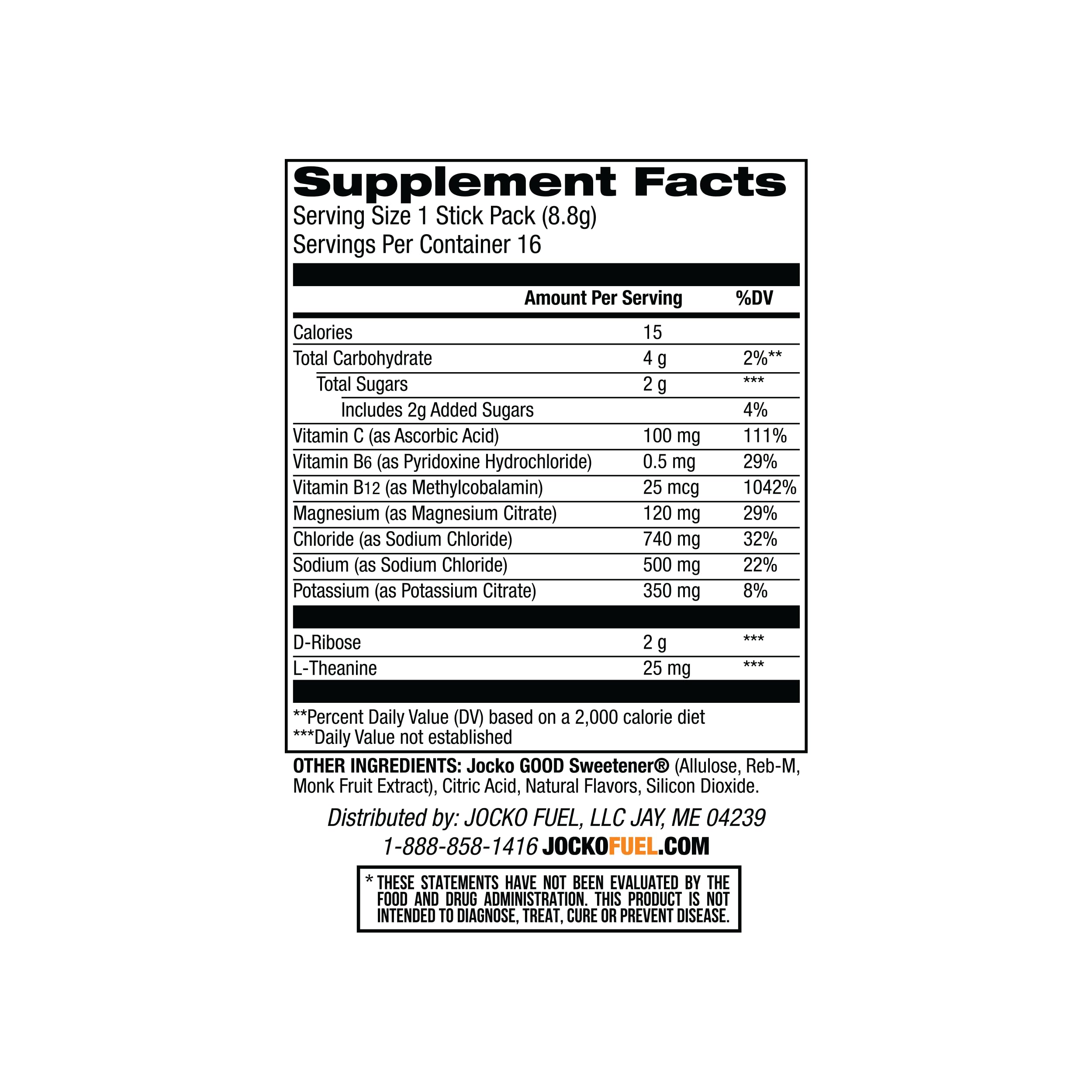 Jocko Fuel Hydrate Island Orange nutrition label shows electrolytes and vitamins.