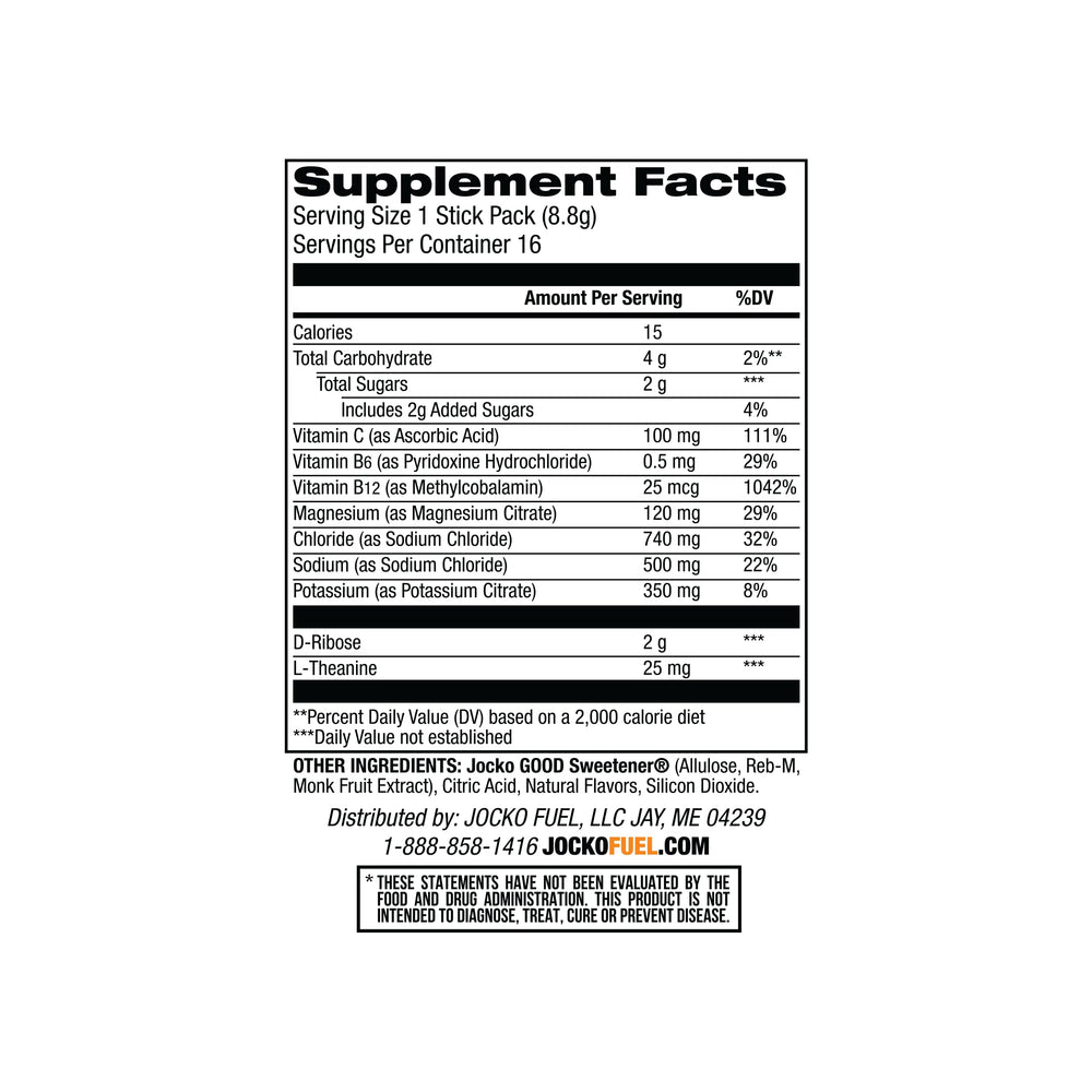 Jocko Fuel Hydrate Island Orange nutrition label shows electrolytes and vitamins.