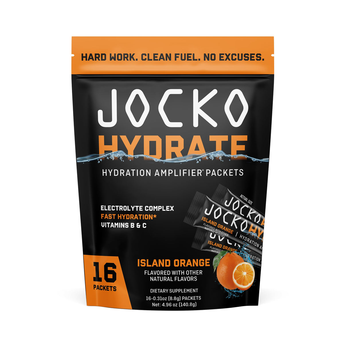 Jocko Fuel Hydrate Island Orange packets front for quick hydration after training.