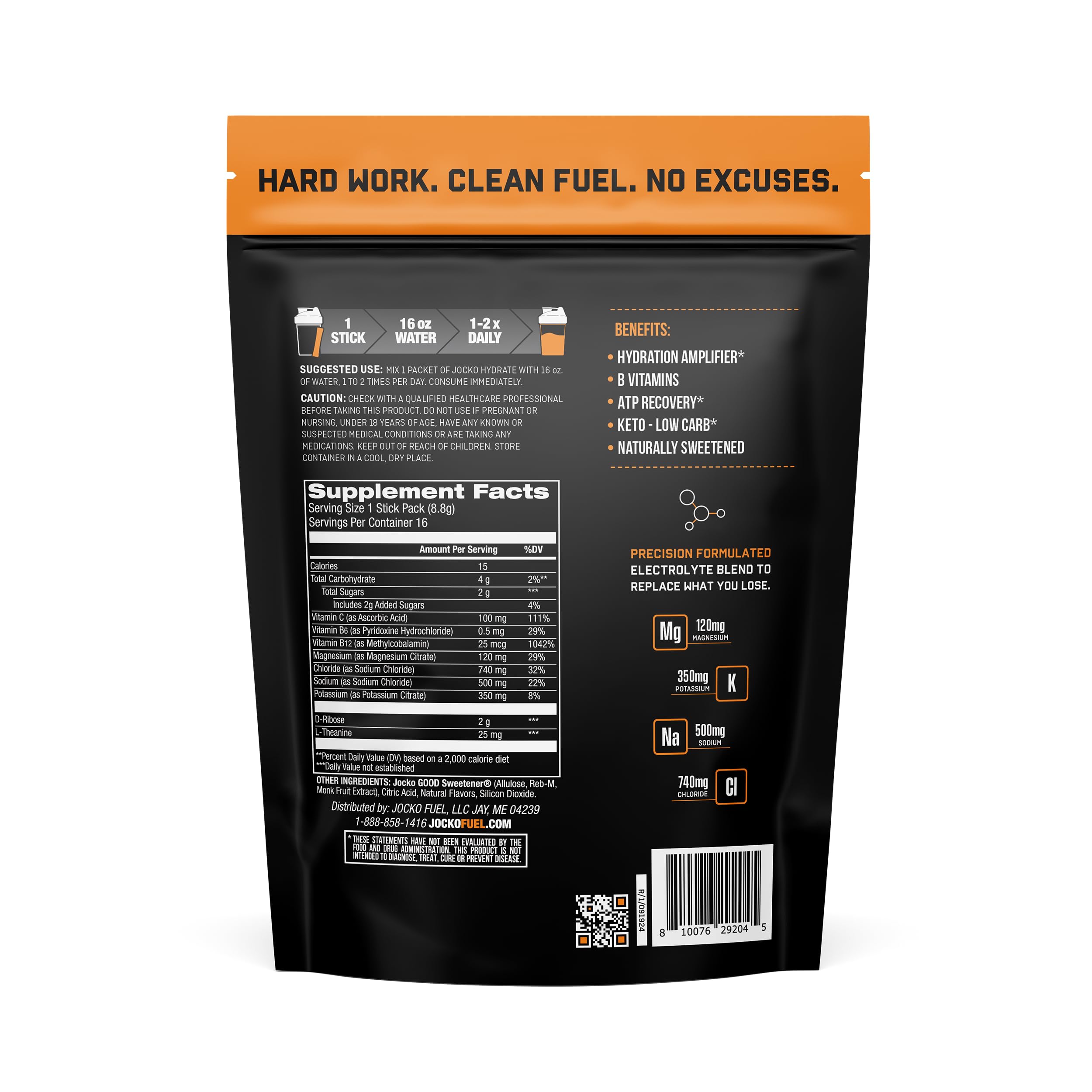 Close-up of Jocko Fuel Hydrate Island Orange powder being poured into water for refreshing hydration.