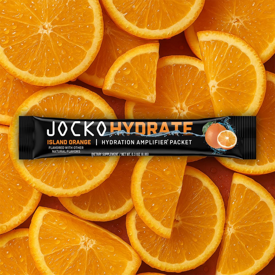 Jocko Fuel Hydrate Island Orange packets are travel-friendly for on-the-go hydration.