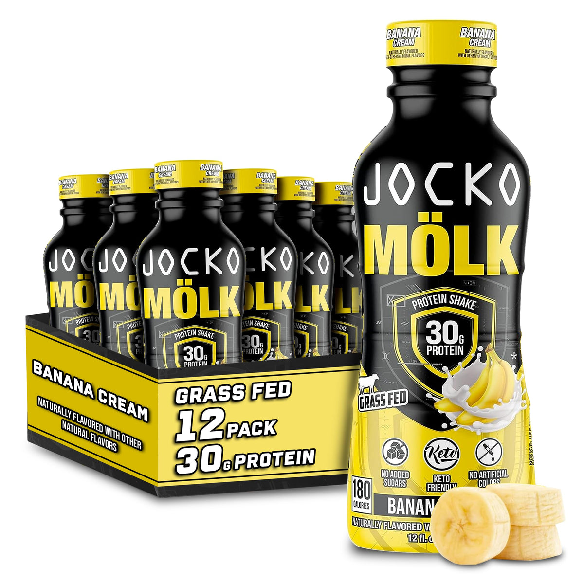 Jocko Mölk Banana Cream bottle with creamy, keto-friendly protein.