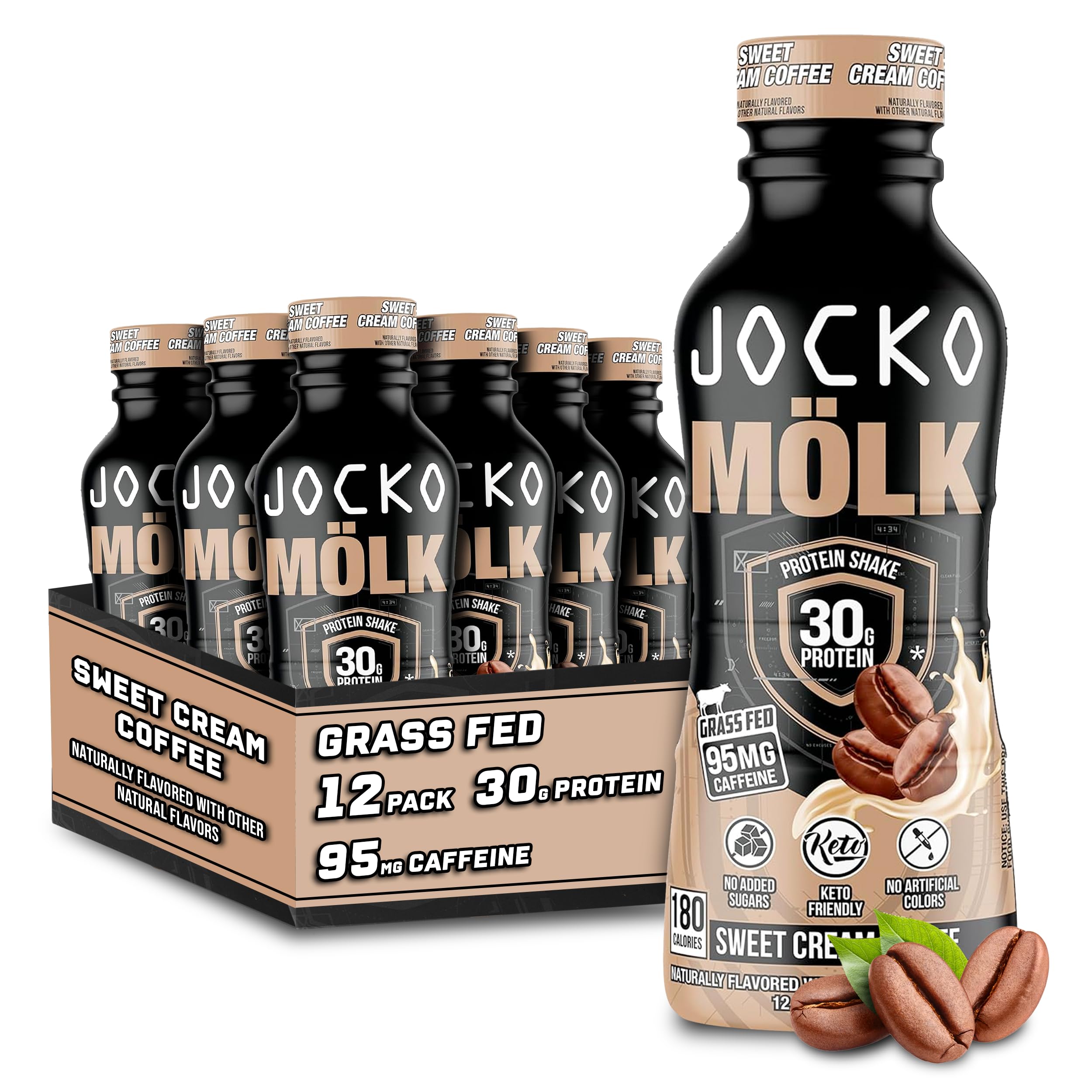 Jocko Fuel Mölk Sweet Cream Coffee bottle shows keto-friendly ready-to-drink protein.
