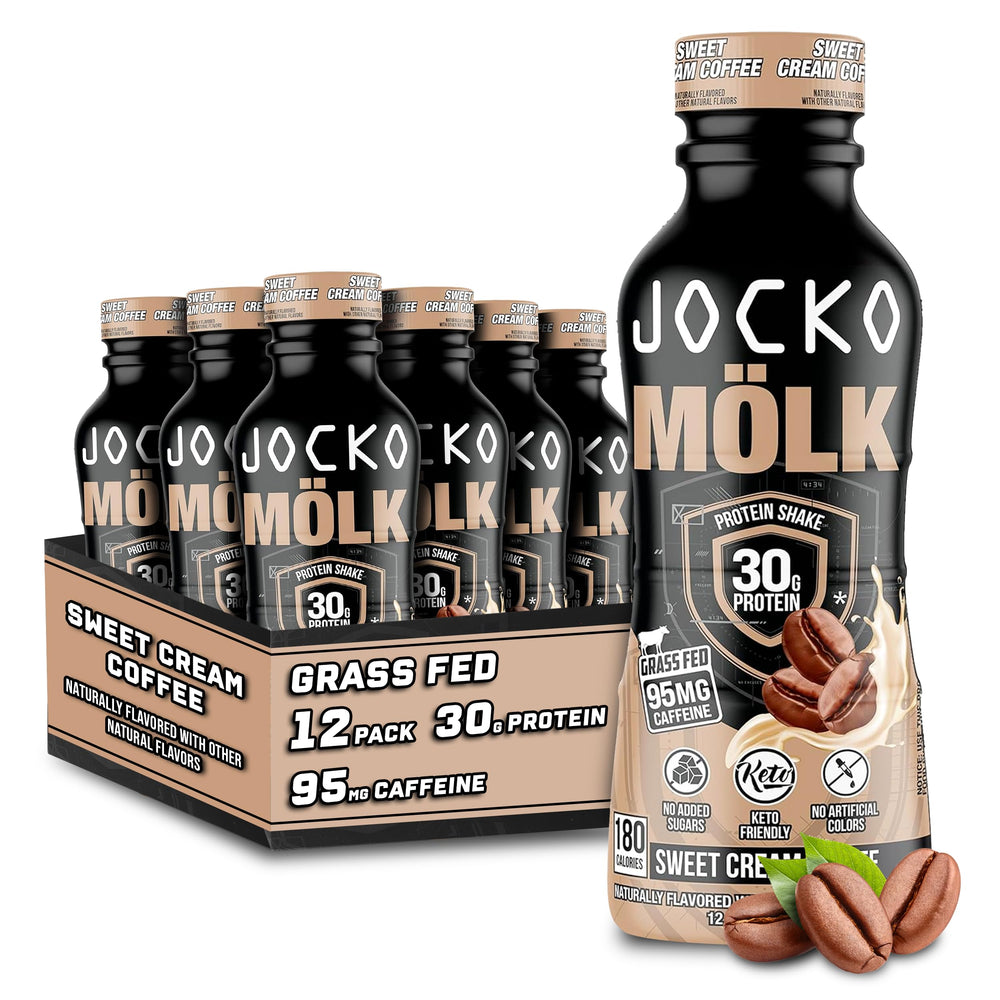 Jocko Fuel Mölk Sweet Cream Coffee bottle shows keto-friendly ready-to-drink protein.