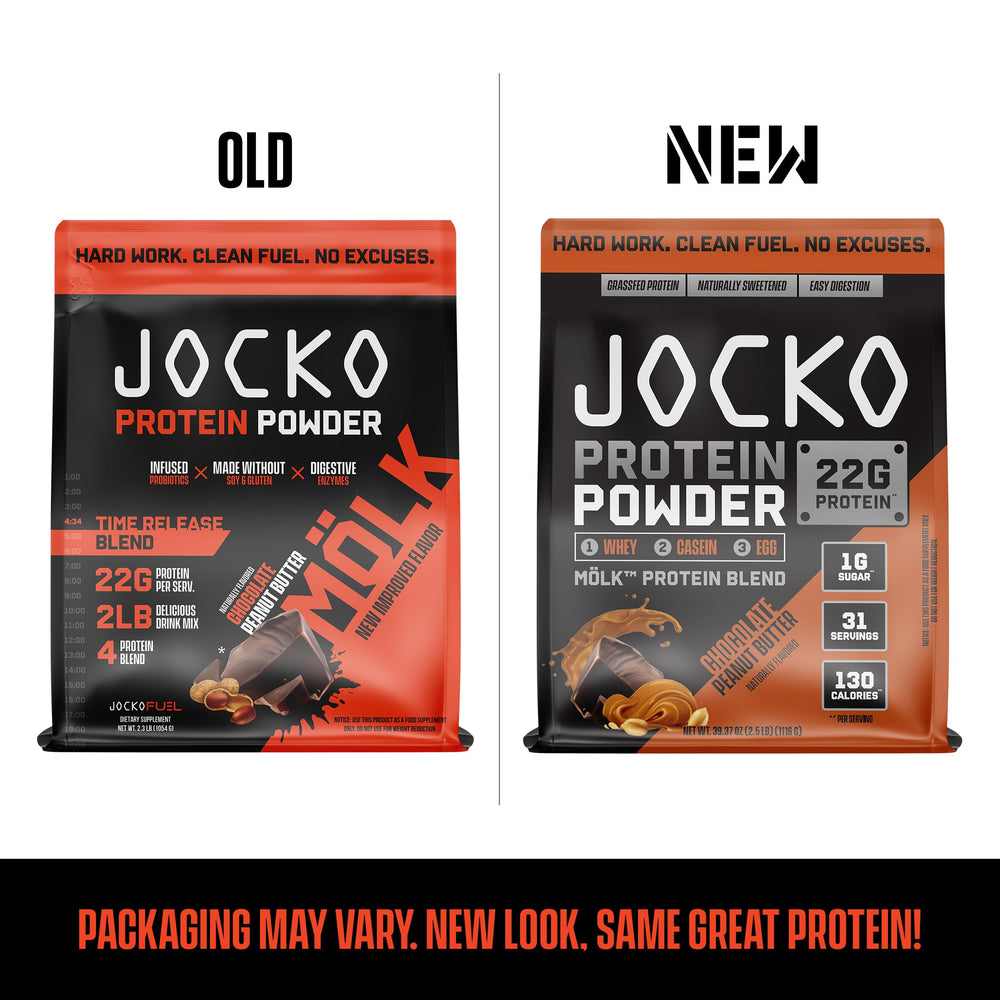 Whey blend in Jocko Mölk highlights time-release proteins for steady energy.