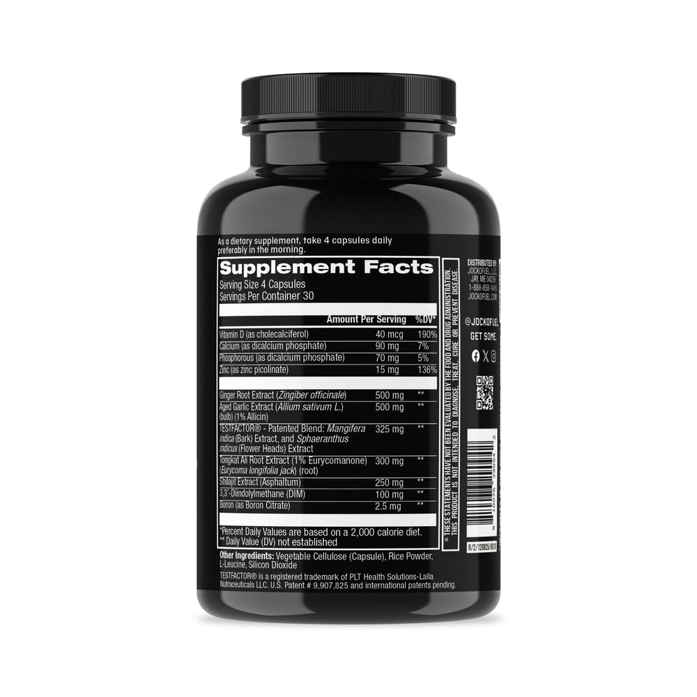 Jocko Fuel Test Booster bottle back showing ingredients and usage guidance