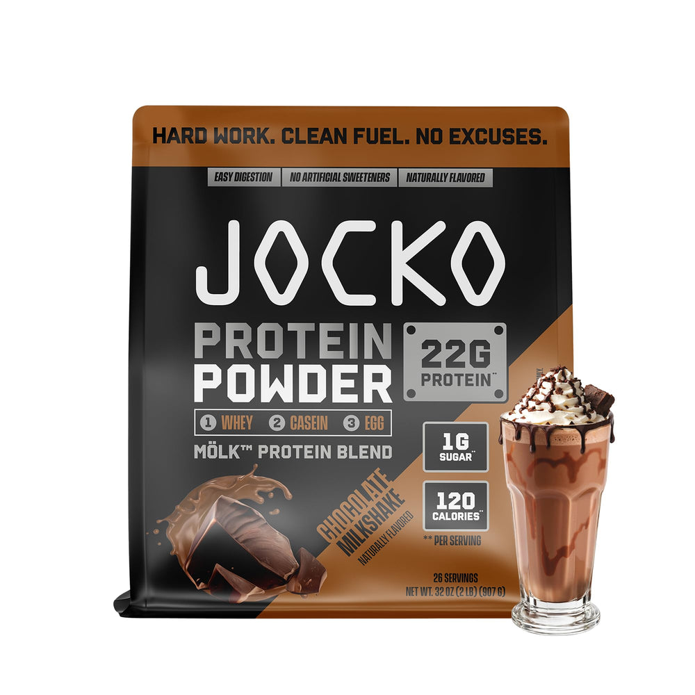 Jocko Fuel Whey Chocolate Milkshake packaging shows 26 servings for post-workout fueling