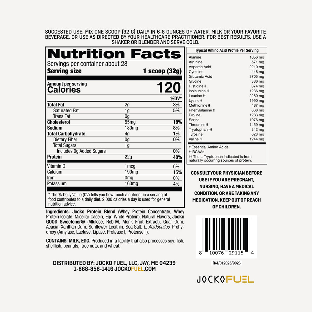 Jocko Fuel Whey Protein Digestive Enzymes Probiotics label, supports comfortable digestion.