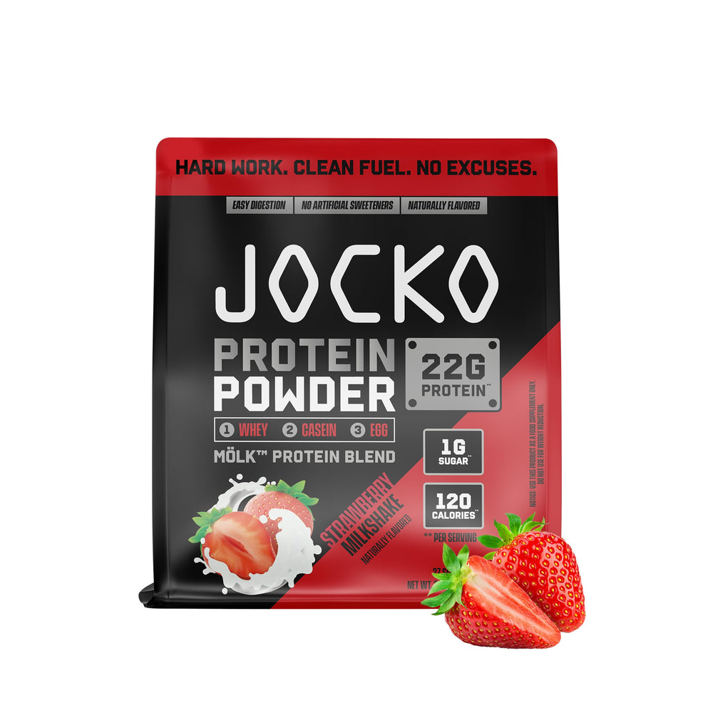 Jocko Fuel Whey Protein Strawberry Milkshake bottle for post-workout shakes