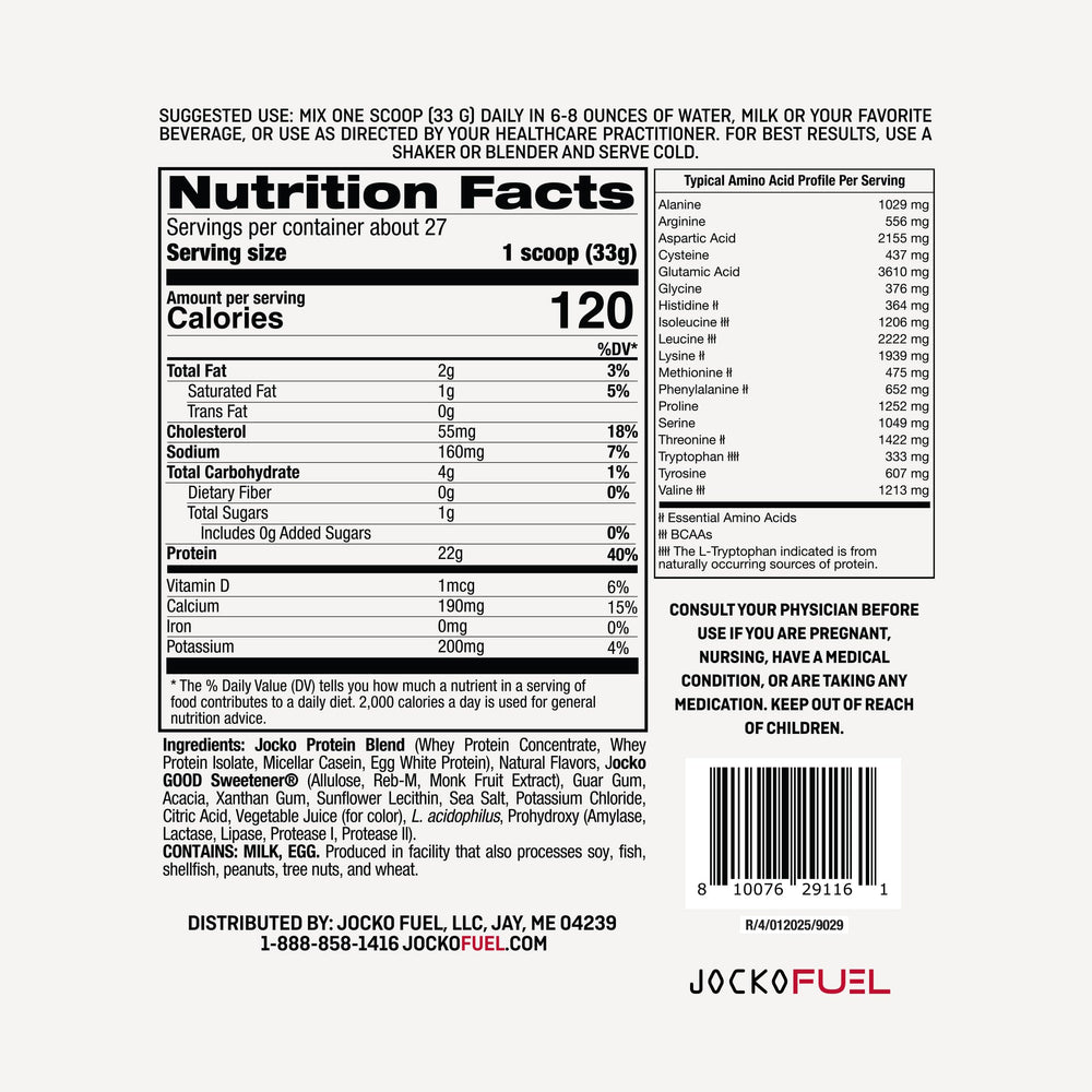 Close-up of Jocko Fuel whey powder on desk showing premium blend