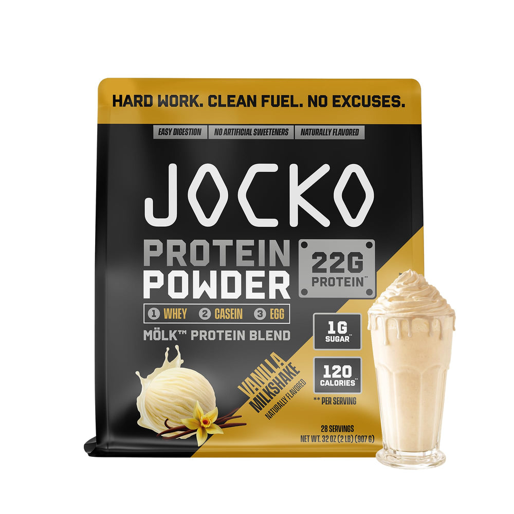 Jocko Fuel Whey Protein Vanilla Milkshake tub, smooth daily protein support.