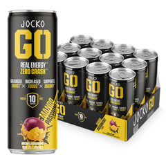 Jocko GO mango passionfruit can front, keto-friendly energy boost for workouts.