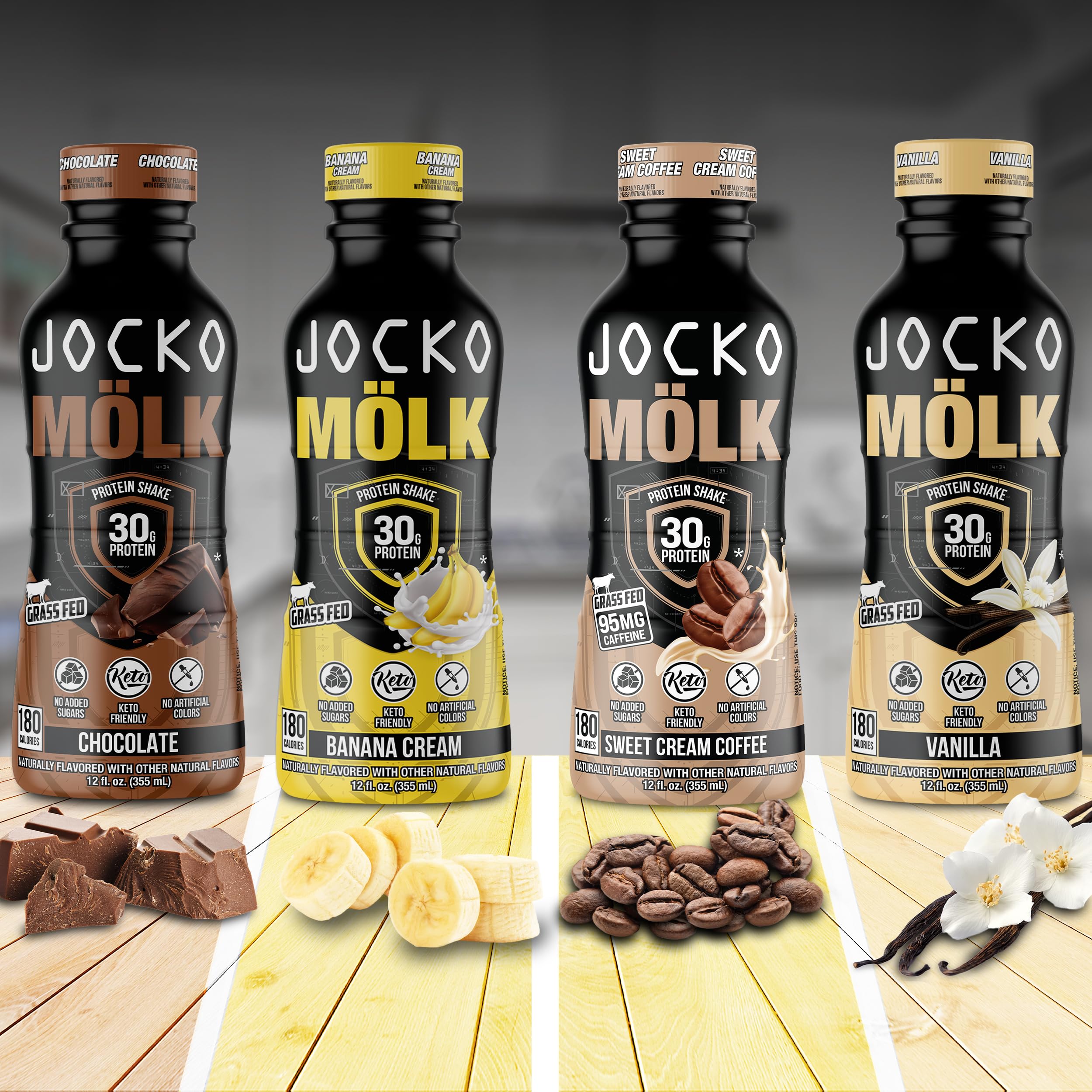Jocko Mölk chocolate bottle on a go-ready bag for on-the-go protein