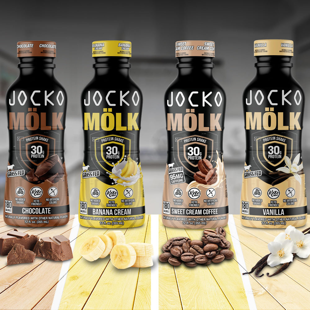 Jocko Mölk chocolate bottle on a go-ready bag for on-the-go protein