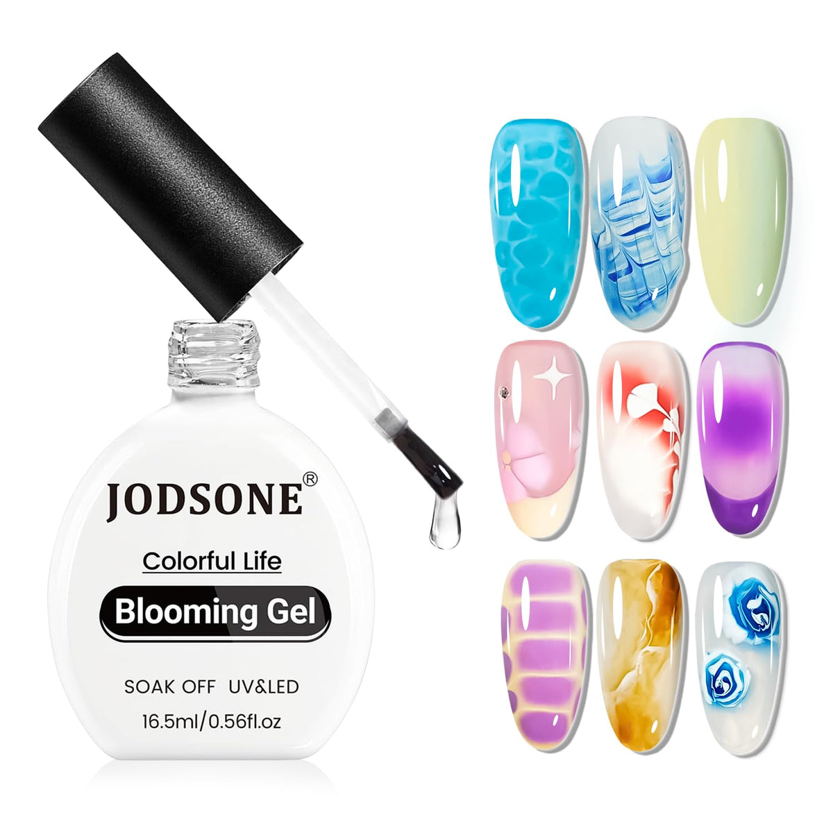JODSONE Blooming Gel bottle closeup for precise nail art application.