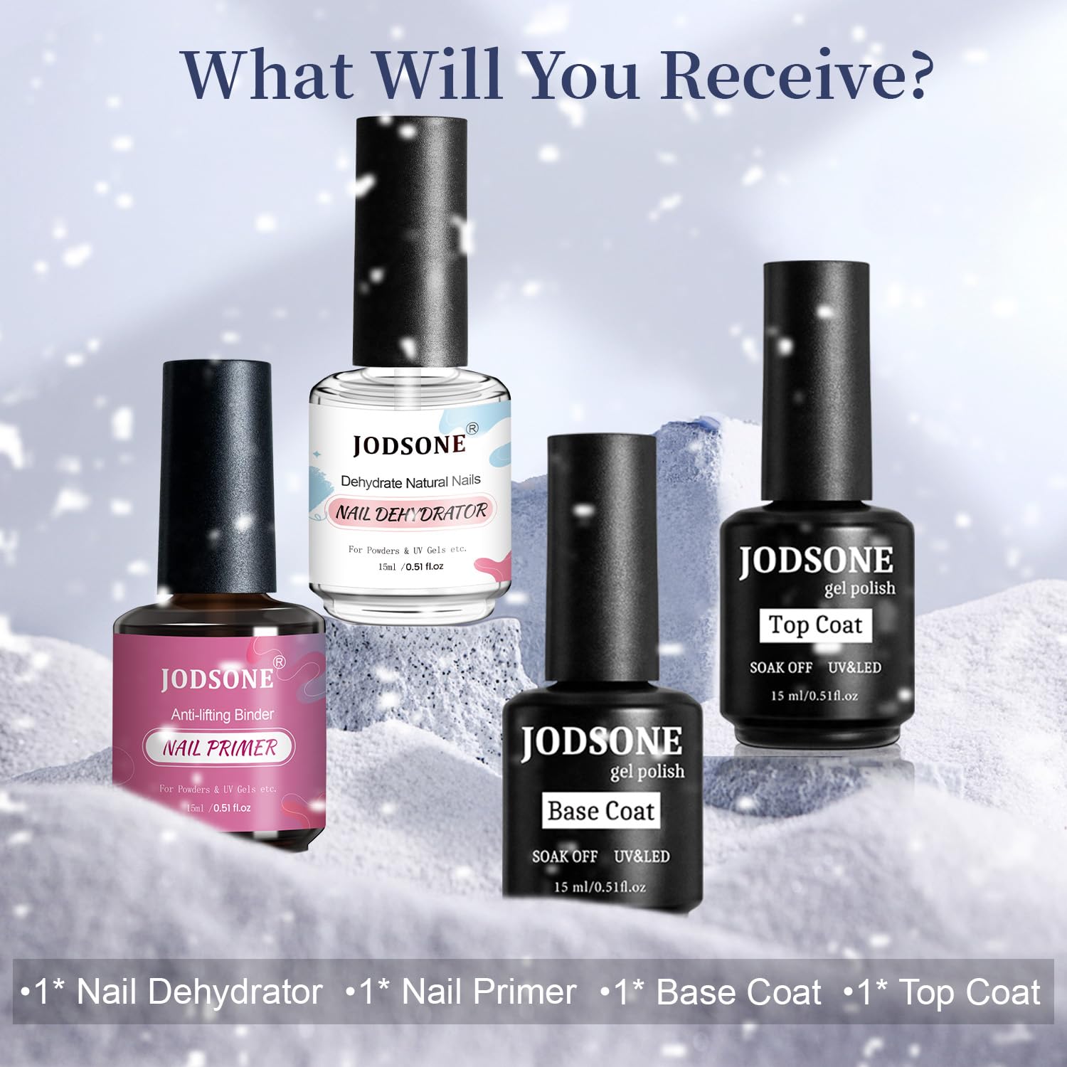 JODSONE nail primer bottle closeup, aids even base layer for smooth polish.