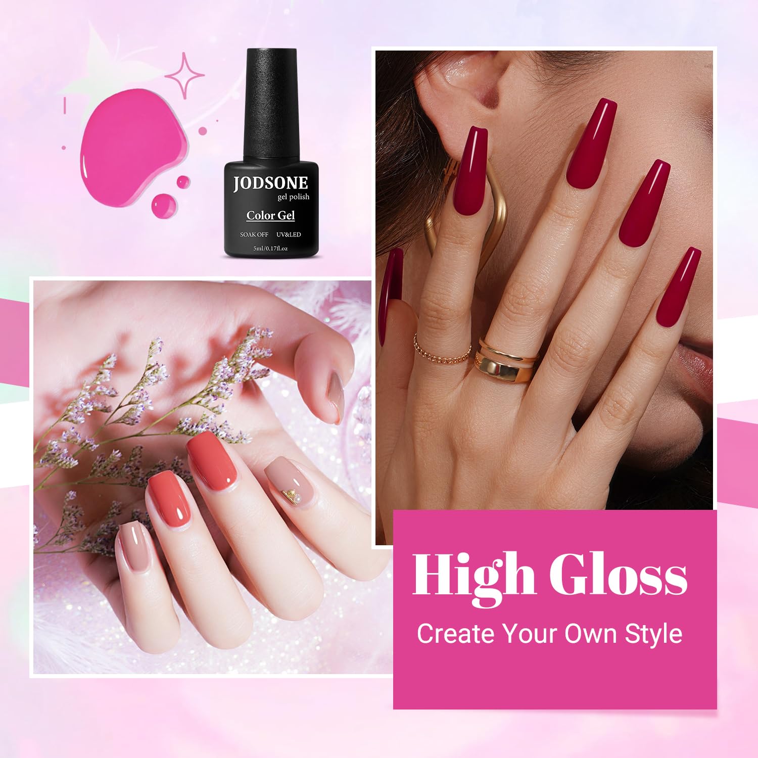 JODSONE glossy top coat delivers high shine and protection.