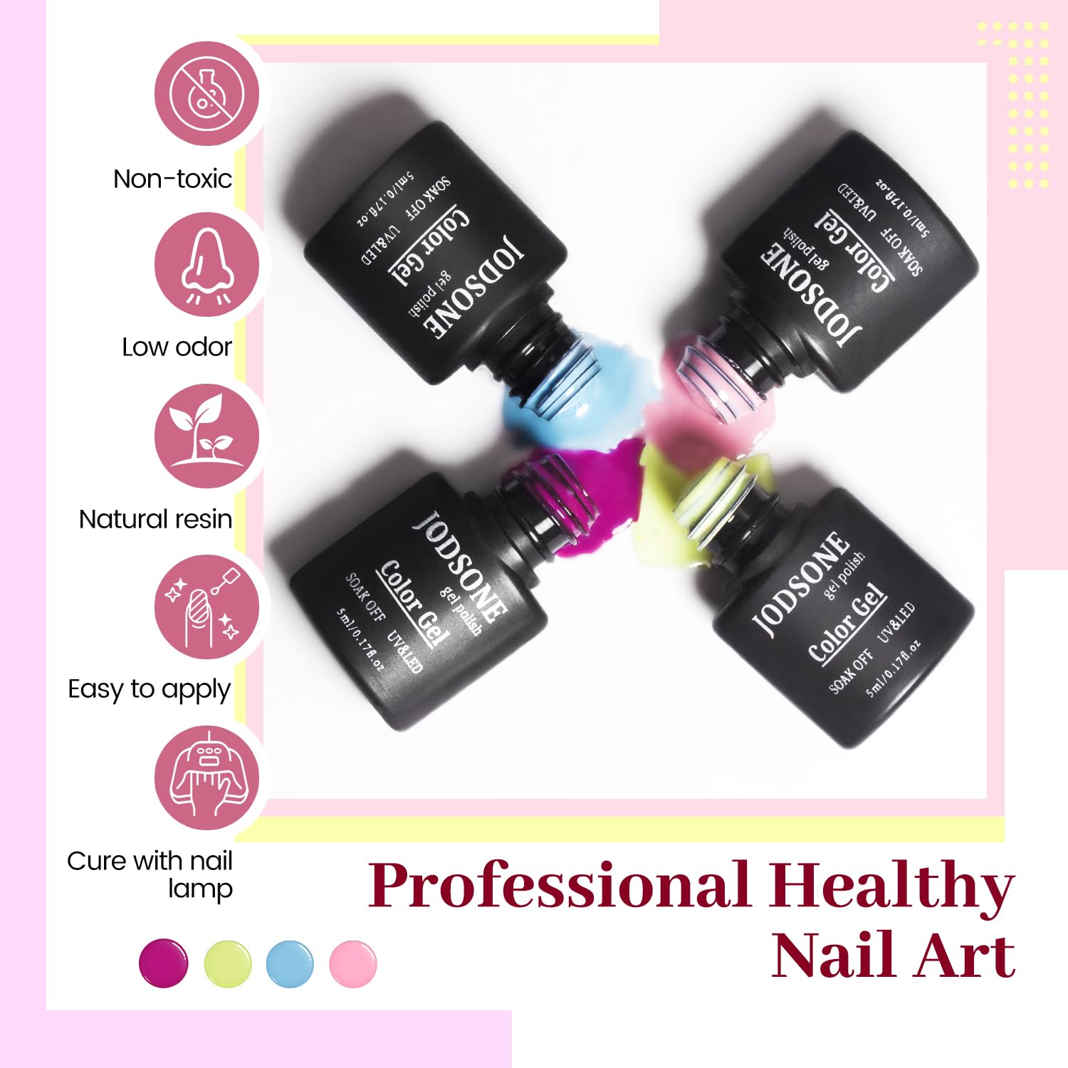 JODSONE top coat glossy bottle close-up delivers high-shine protection