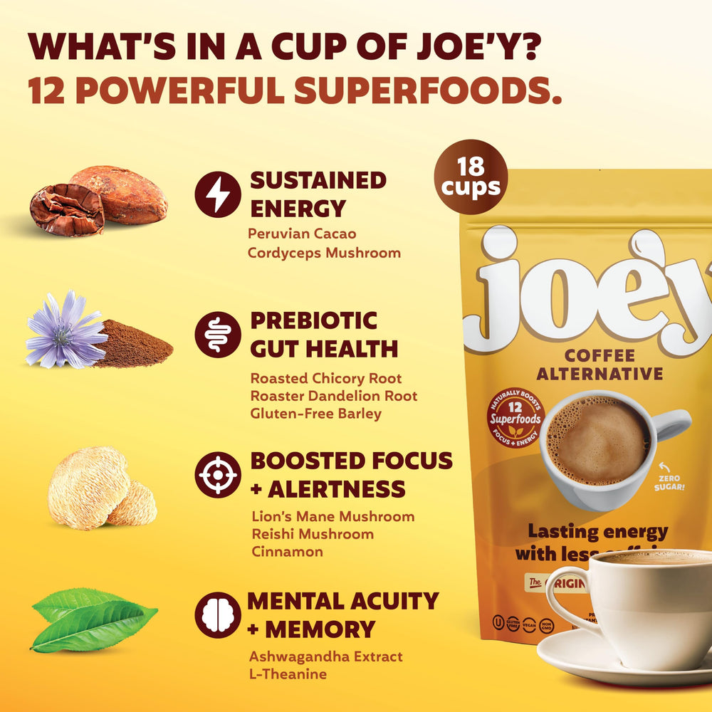 Joey Mushroom Coffee Alternative cacao-dandelion-ingredients blend supports balanced energy