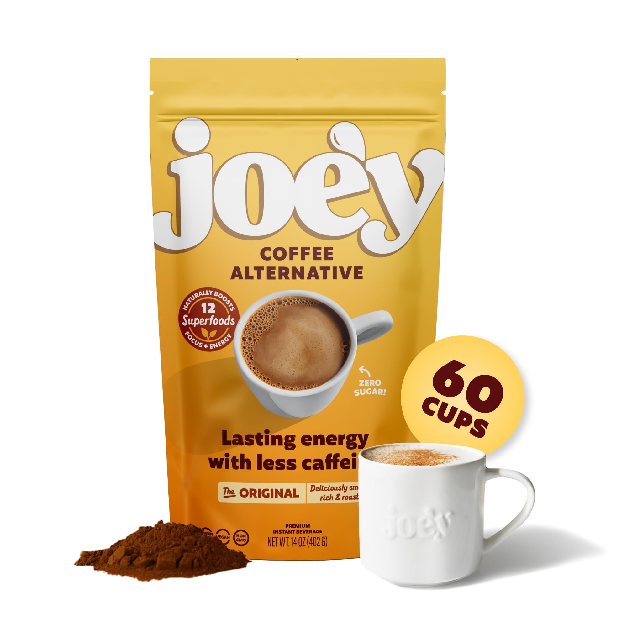 Joe'y Joey Mushroom Coffee Alternative with cacao and dandelion root for smooth focus.