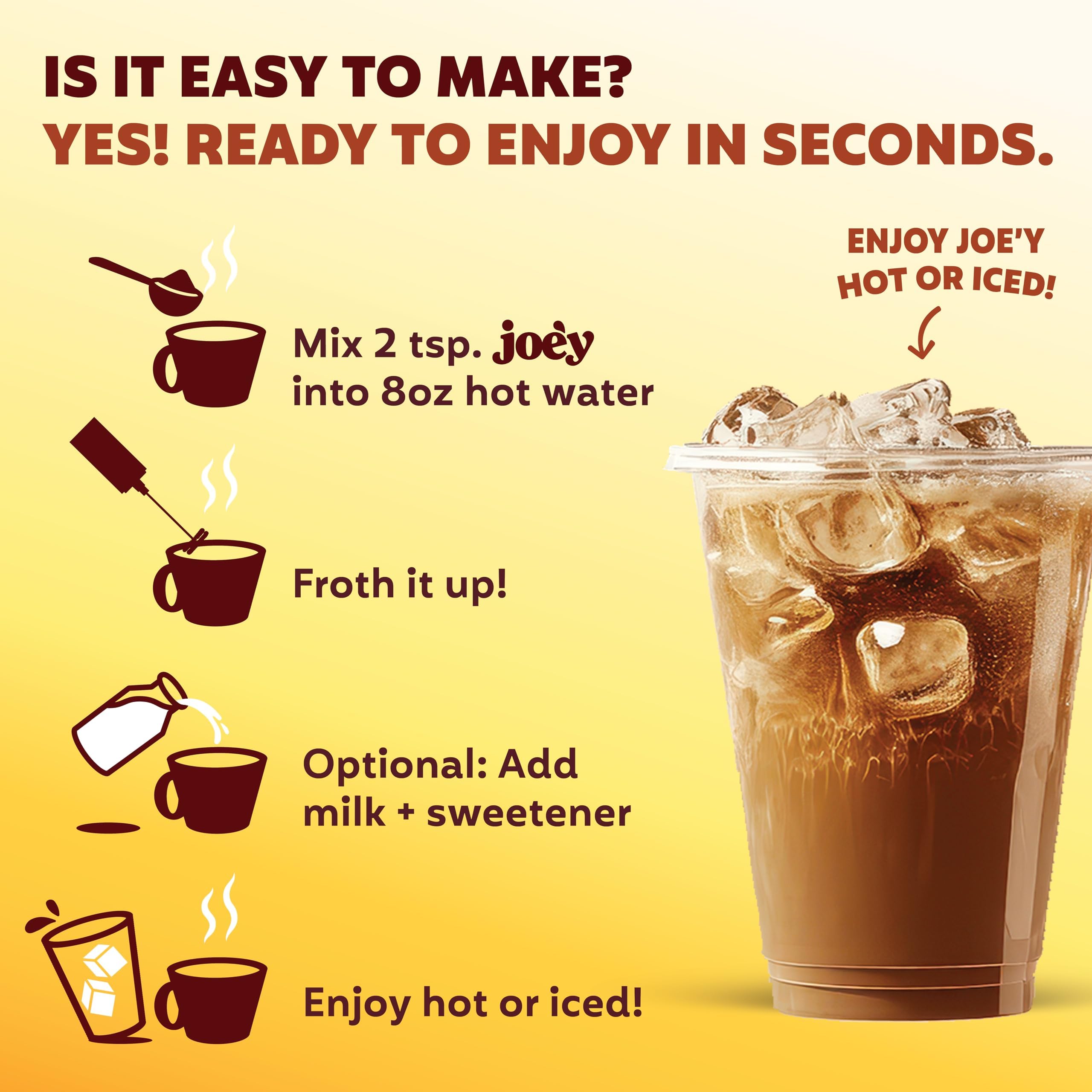 Joey Mushroom Coffee Alternative ingredients panel highlights 12 superfoods and mushrooms