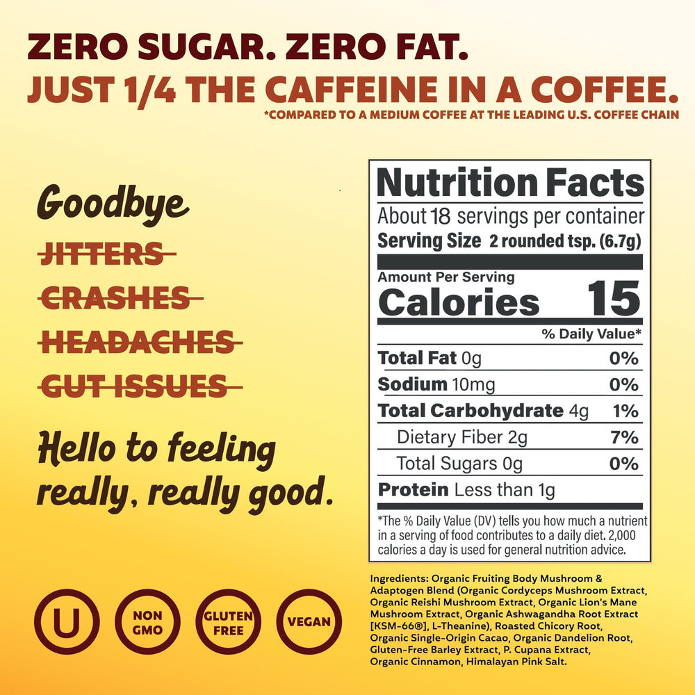 Joey Mushroom Coffee Alternative instant mix shown in a mug for quick focus