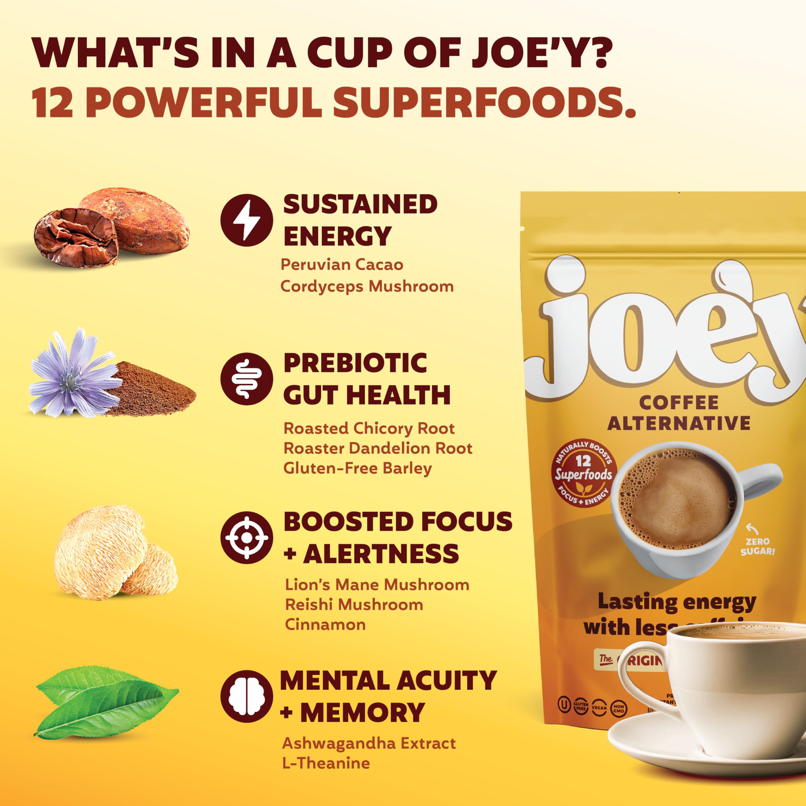 Joe'y roasted chicory and cacao-dandelion flavor ideal for latte or iced drinks.