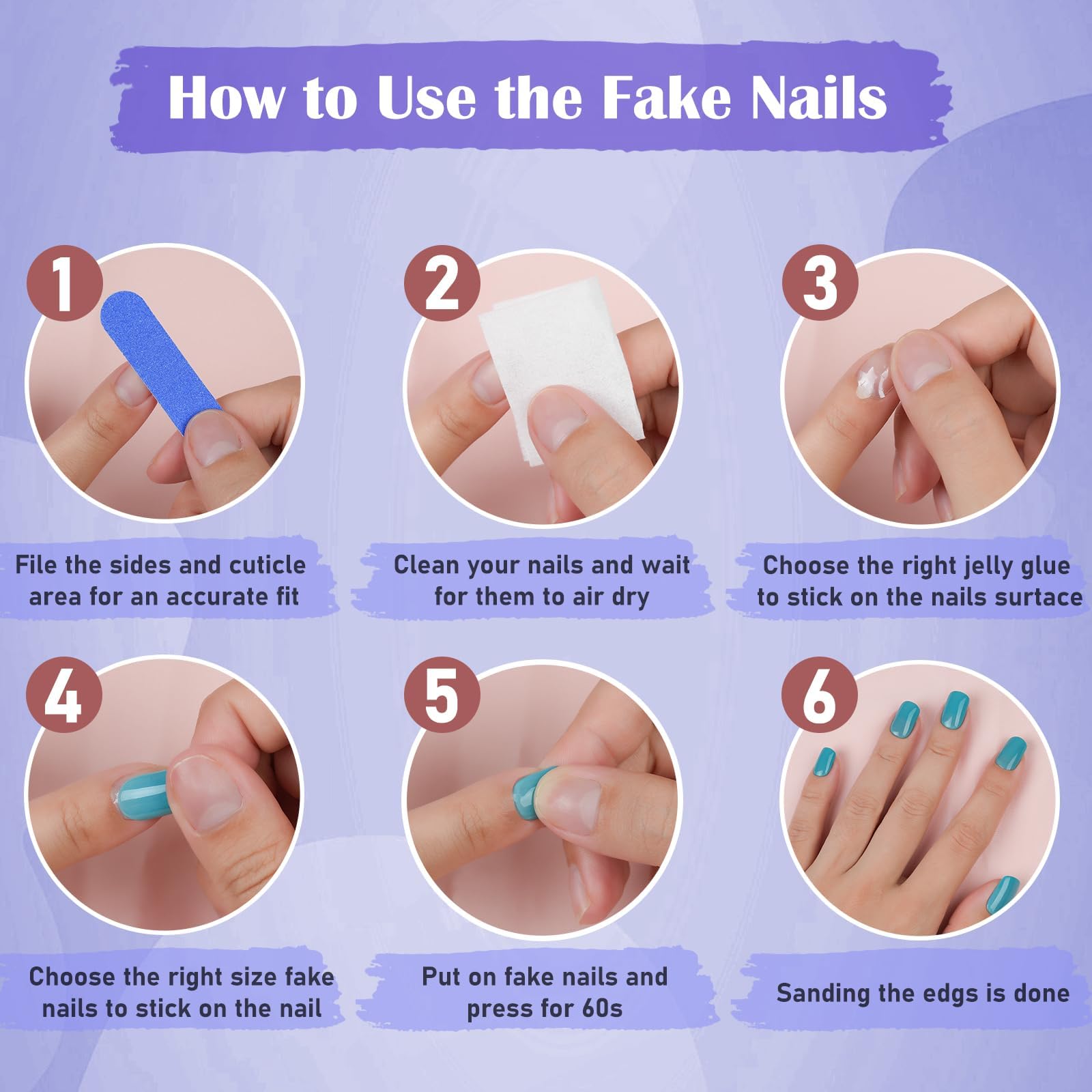 Jofay Fashion square glue-on nails with seamless cuticle line.