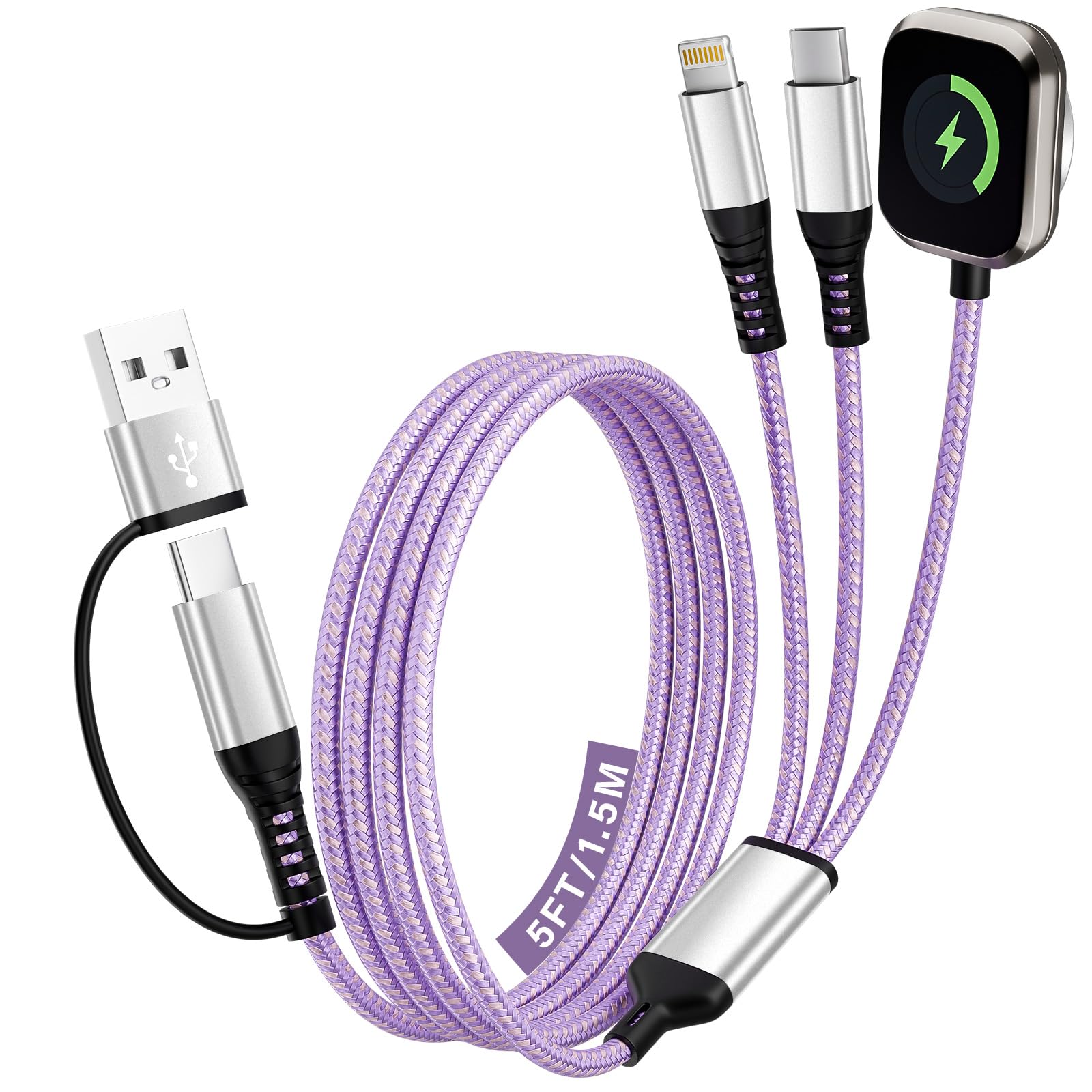 Jogrytece purple braided 3-in-2 USB cable for iPhone and iWatch, travel charging.