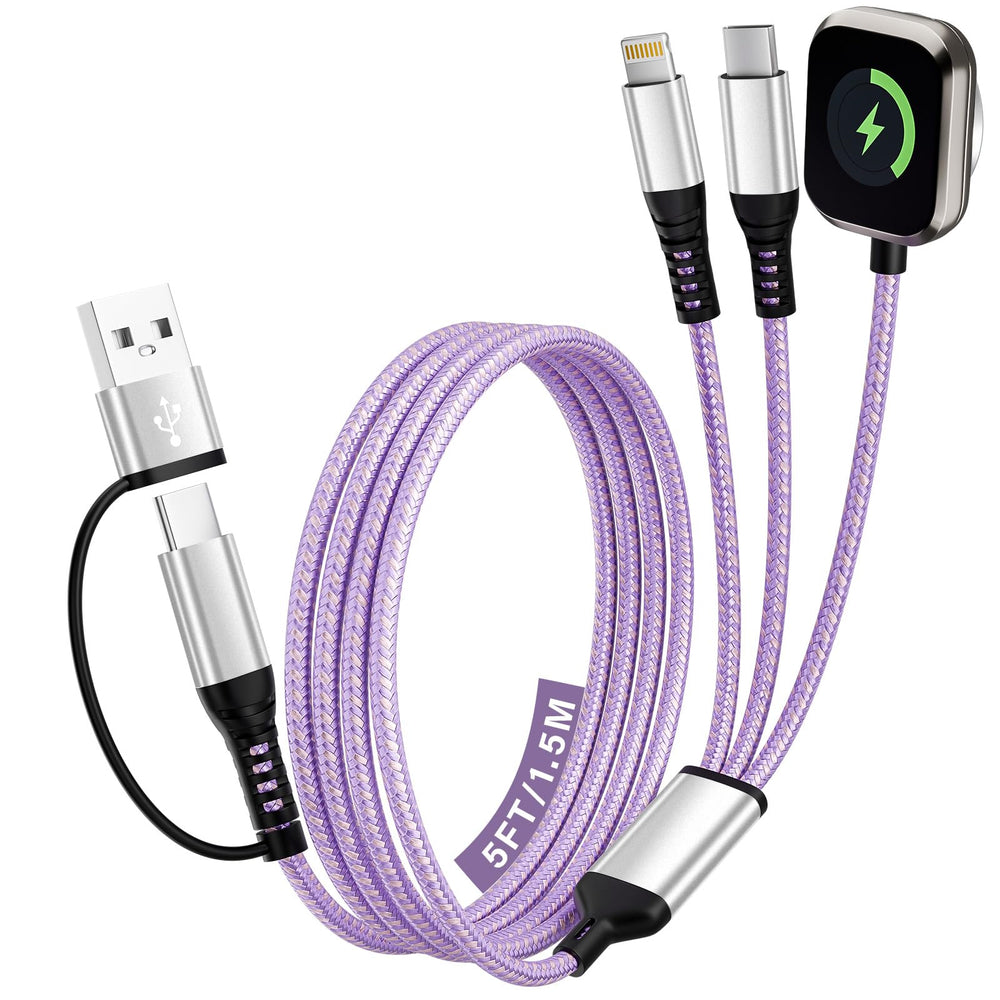 Jogrytece purple braided 3-in-2 USB cable for iPhone and iWatch, travel charging.