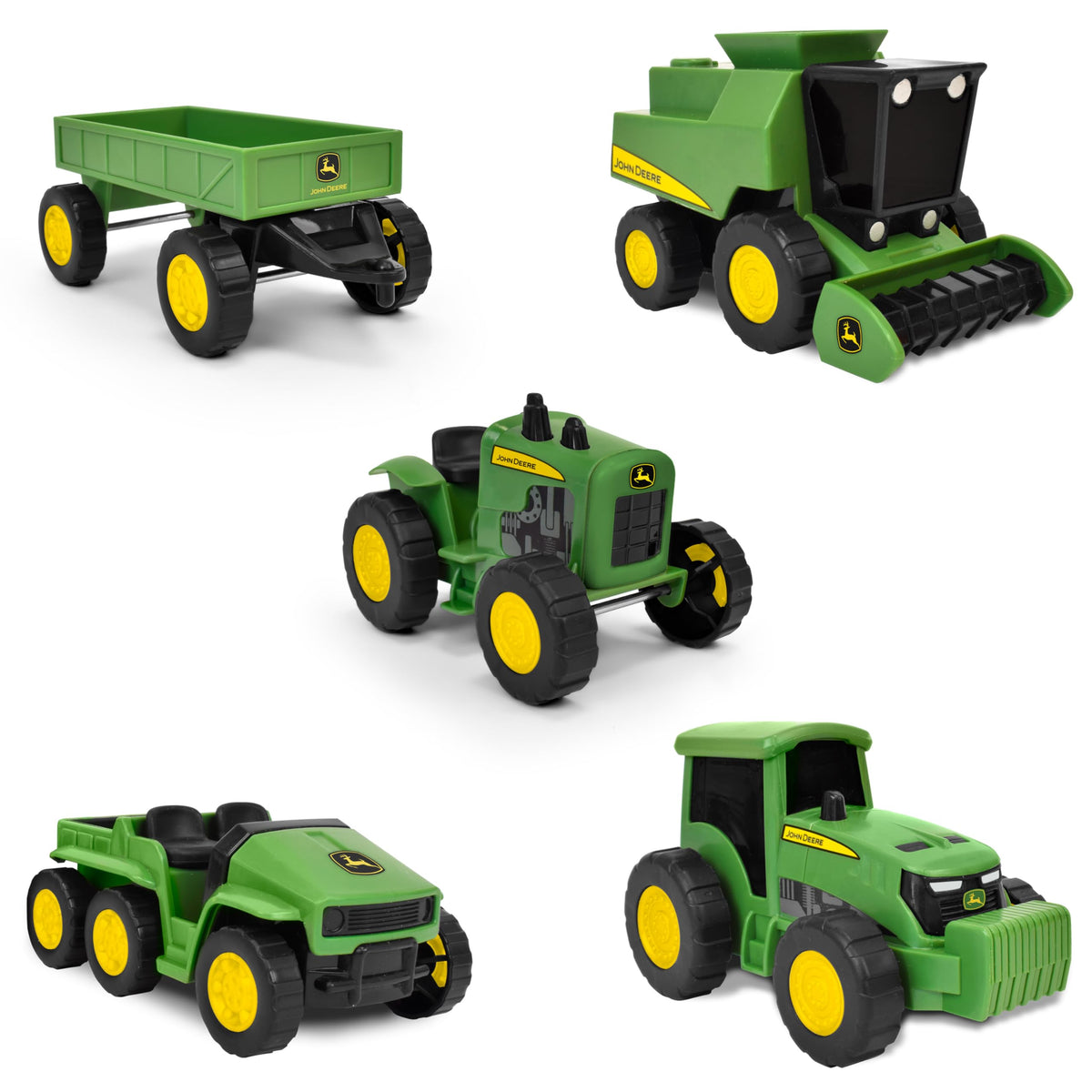 John Deere micro farm wagon with working wheels for hands-on pretend farming.
