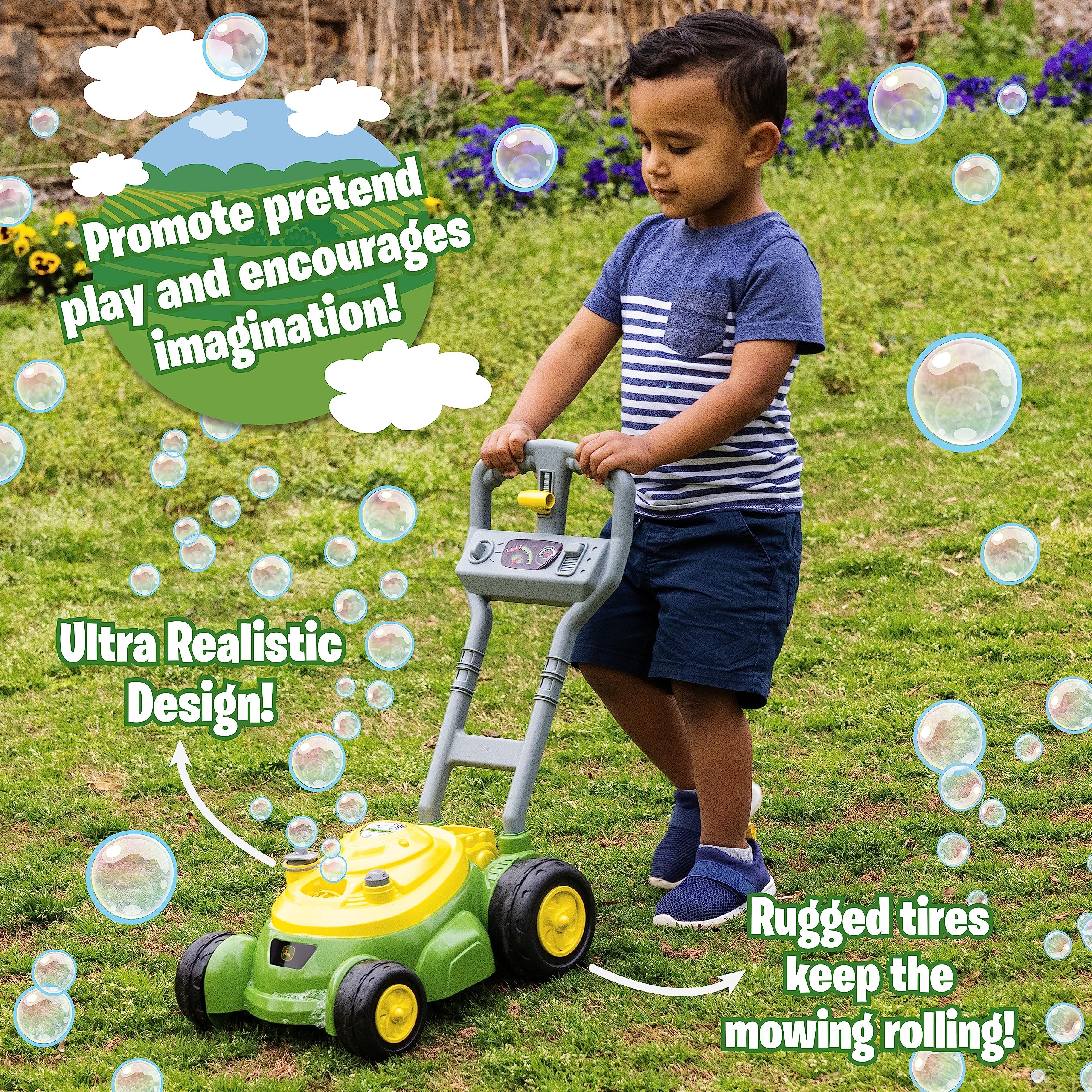 Child using John Deere Bubble Lawn Mower outdoors for battery-free pretend tasks.