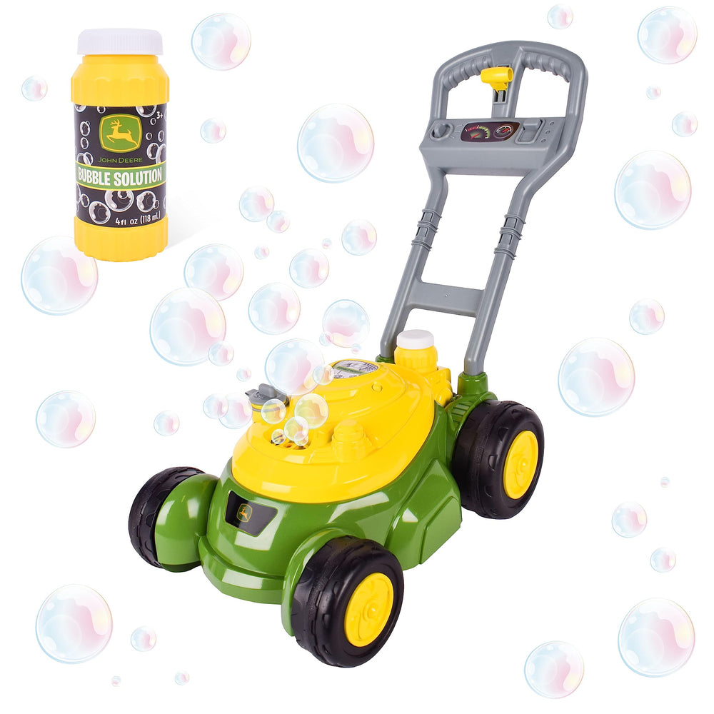 John Deere Bubble Lawn Mower push-action invites active outdoor play.