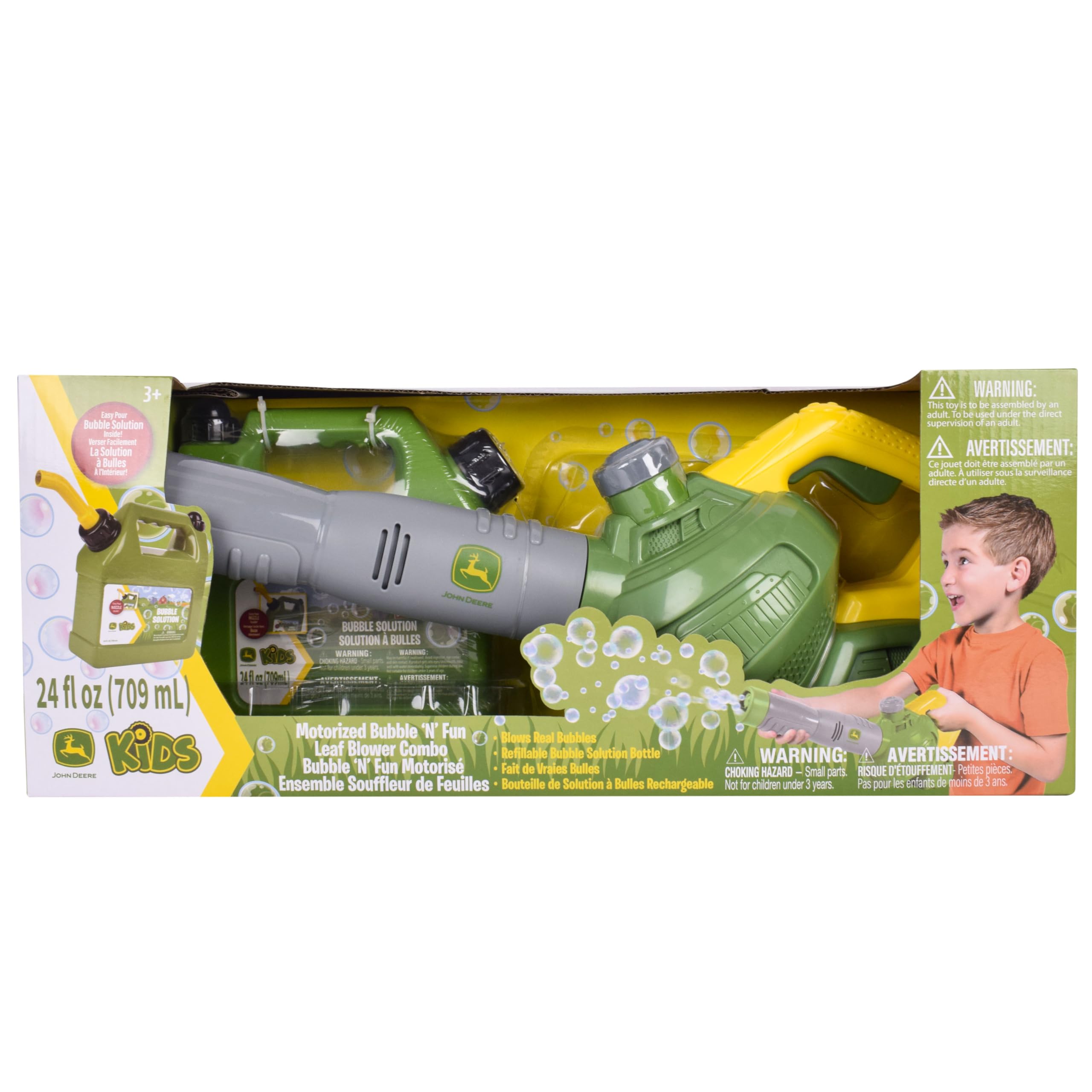 John Deere bubble leaf blower toy sparking a kid's imaginative garden activity.