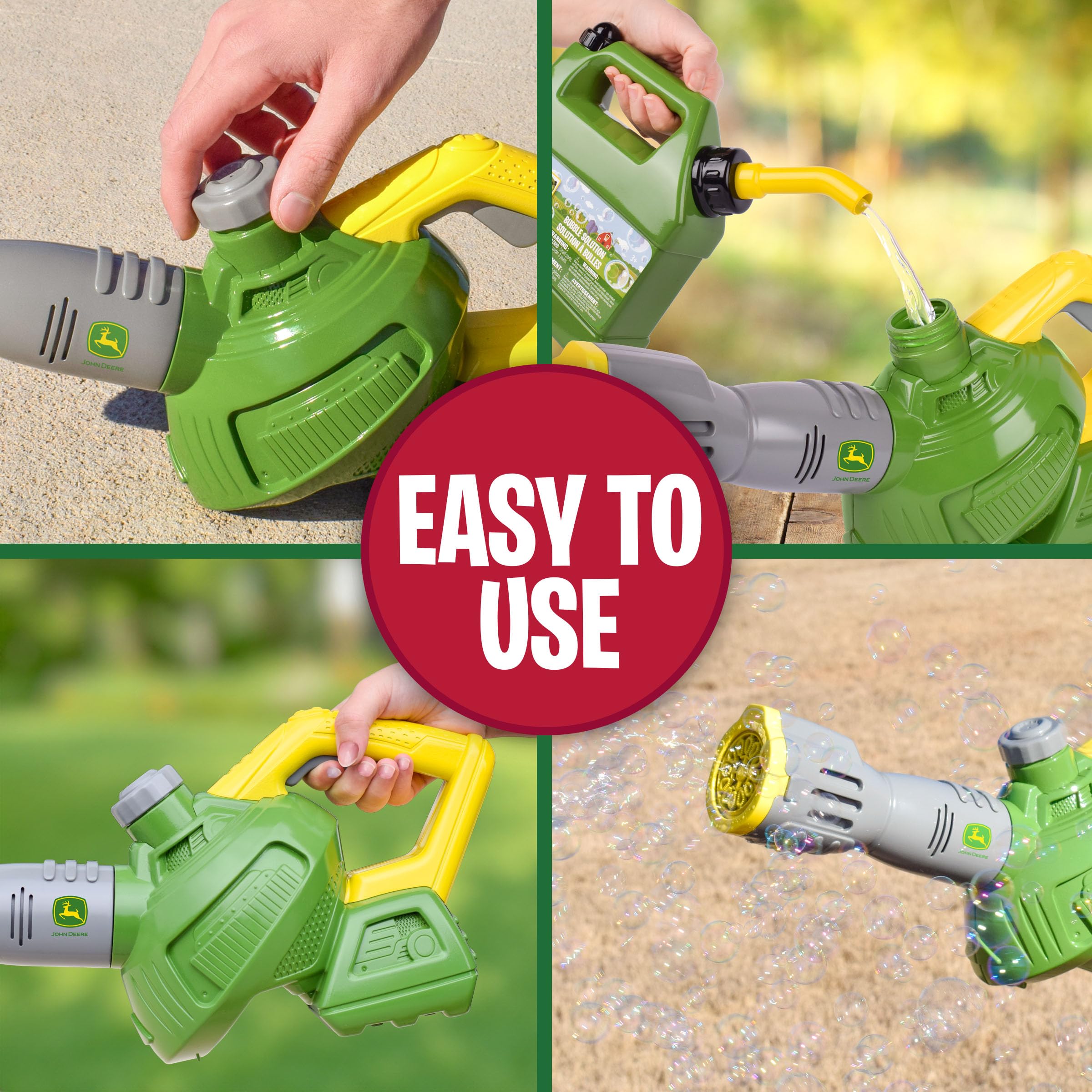 John Deere bubble leaf blower toy with realistic design for pretend yard work.