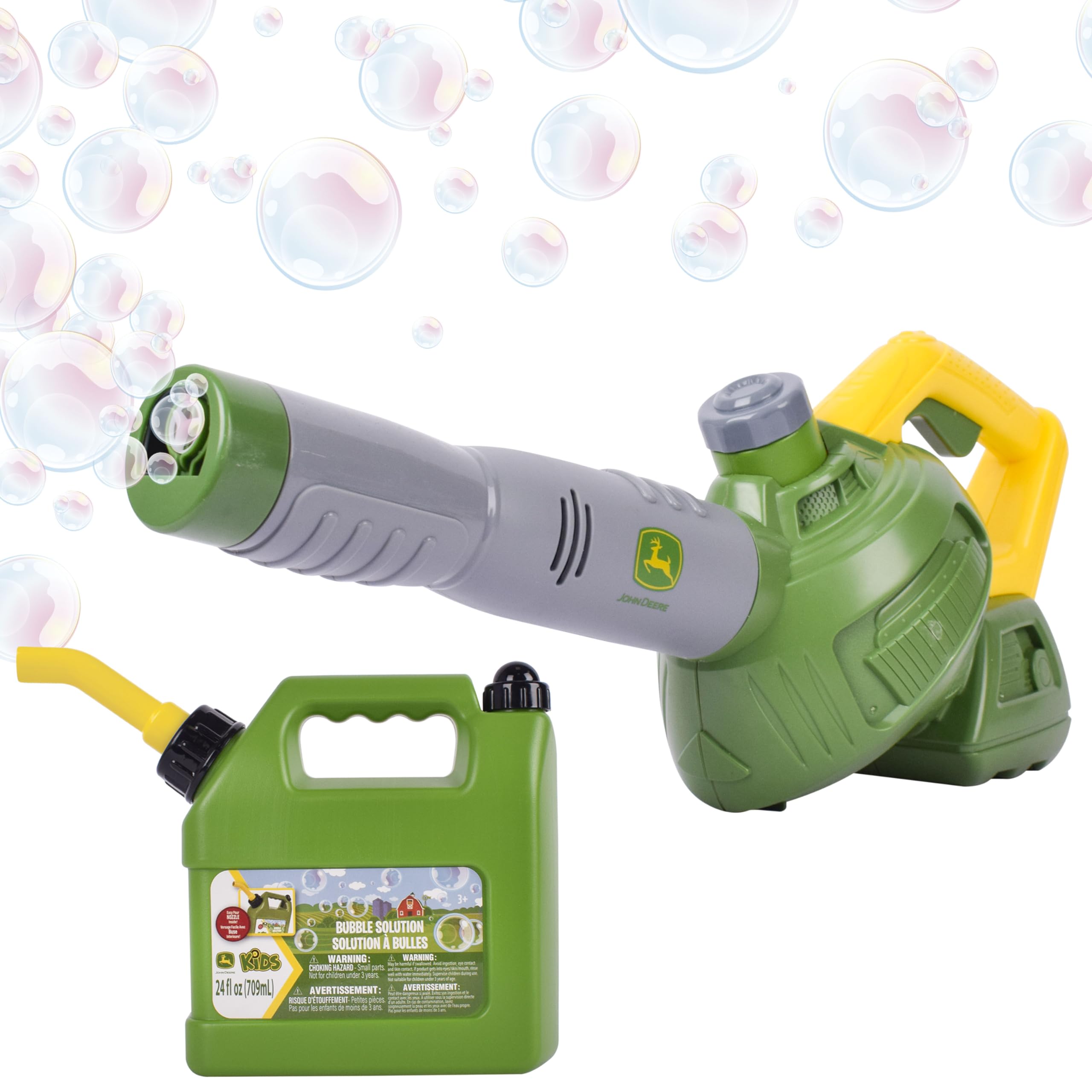 John Deere bubble leaf blower toy in action outdoors, encouraging imaginative play.