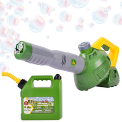 John Deere bubble leaf blower toy in action outdoors, encouraging imaginative play.
