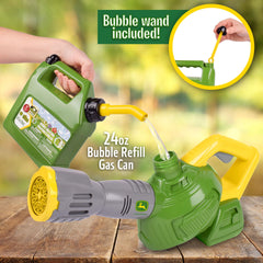 John Deere bubble leaf blower package shows bubble refill can included for extended play.