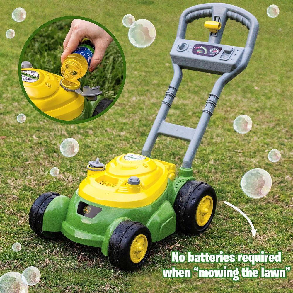 John Deere bubble solution bottle included for continuous, mess-free fun.