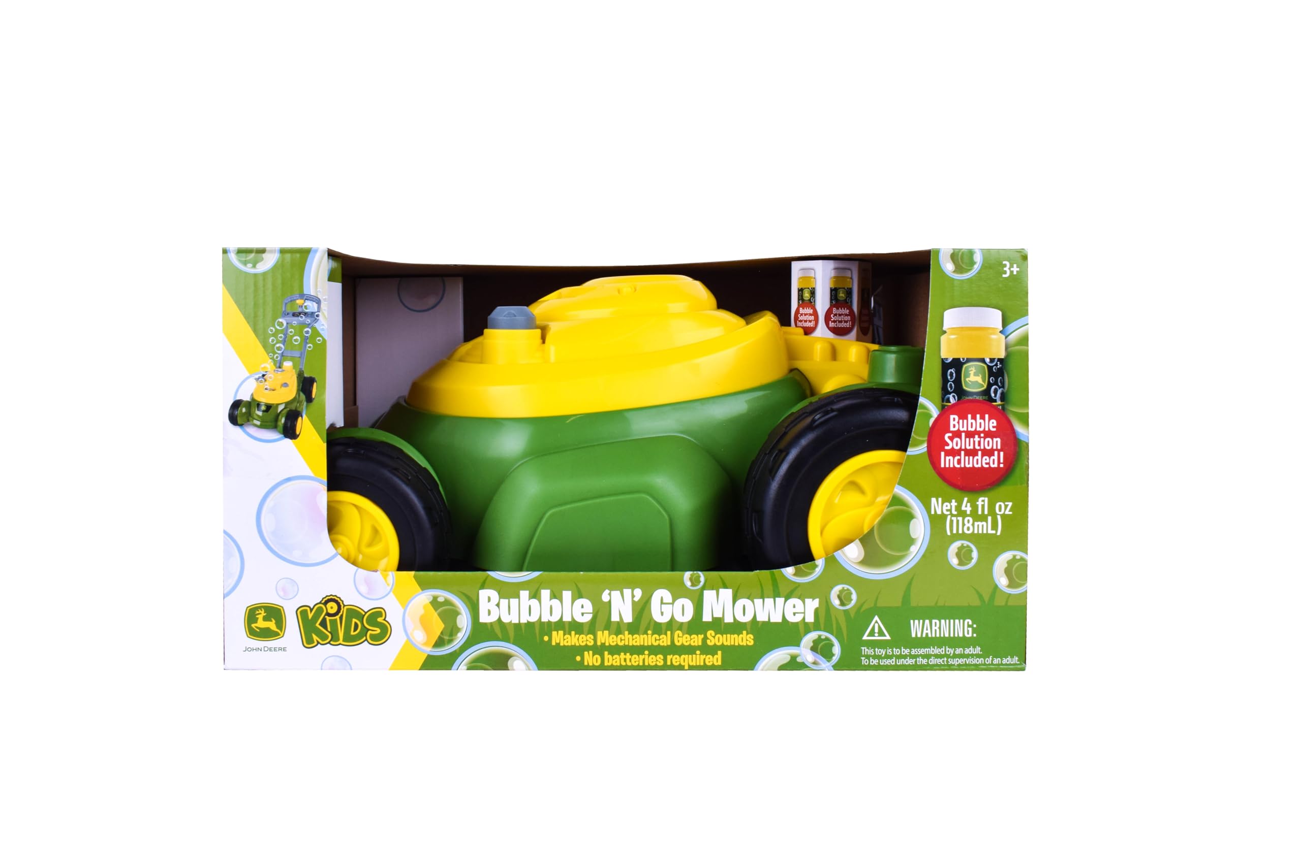 Bubble trails behind the mower create colorful paths for kids.